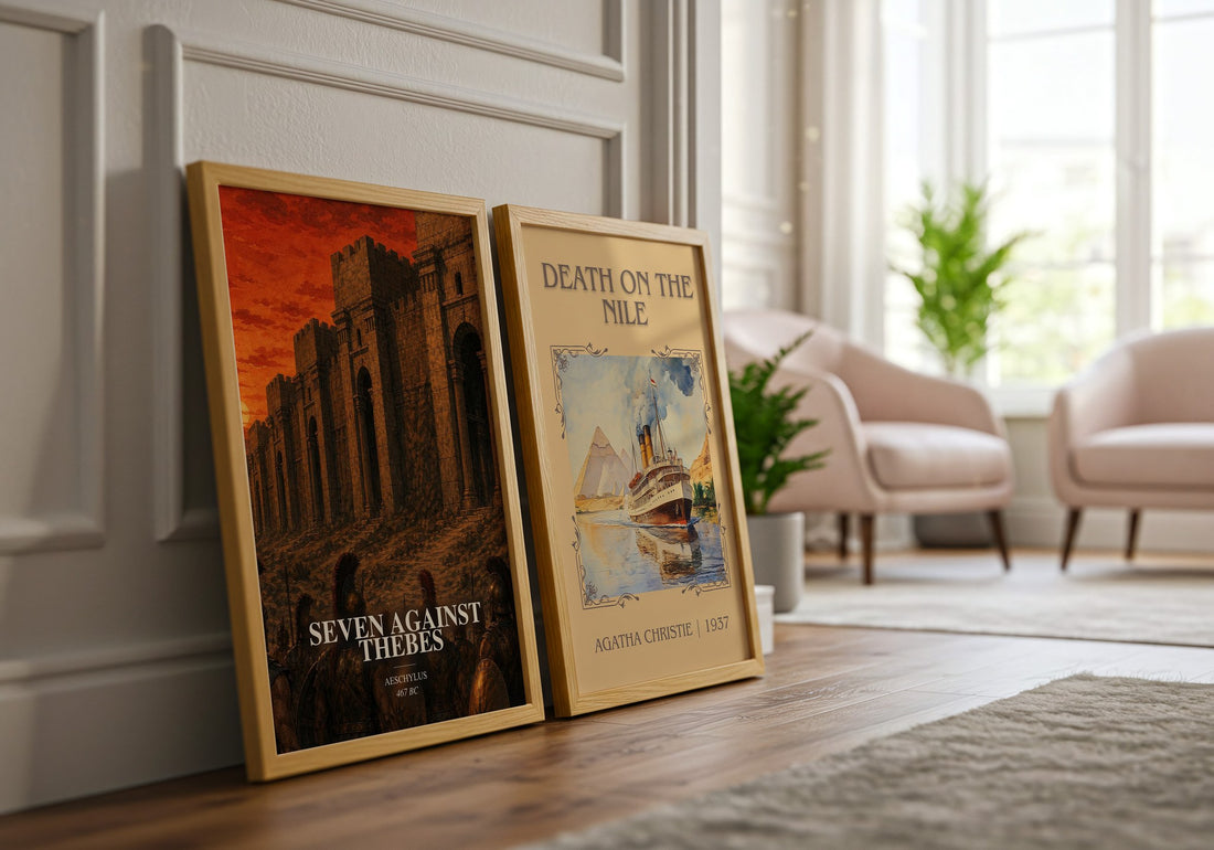 Seven Against Thebes watercolour print framed by window – literary home decor