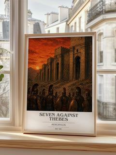 Seven Against Thebes book cover print in frame leaning in hallway – classic literature wall art