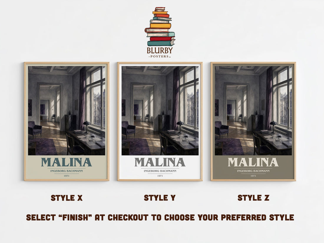 Malina book cover print in frame leaning in hallway – literary fiction wall art (mockup)