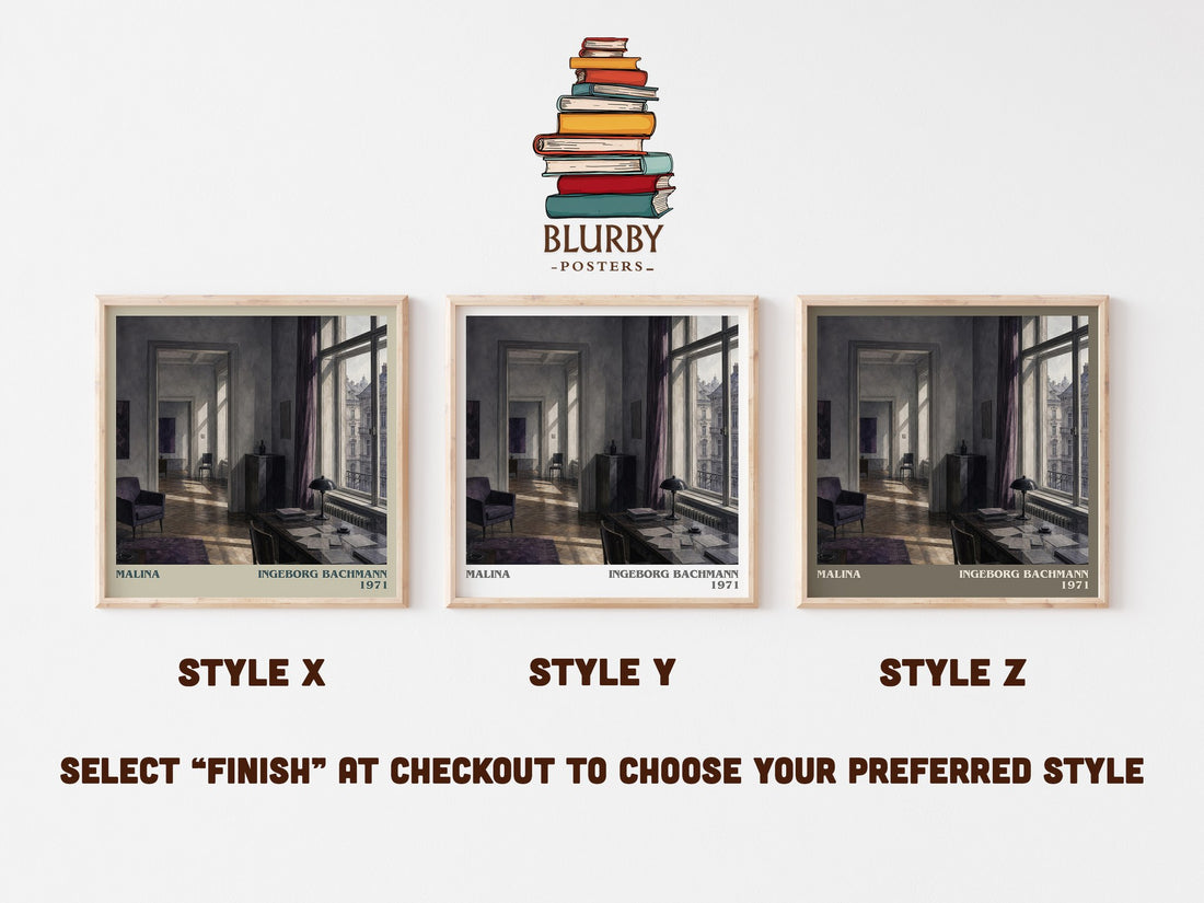 Malina literary print in frame leaning in hallway – literary fiction wall art (mockup)