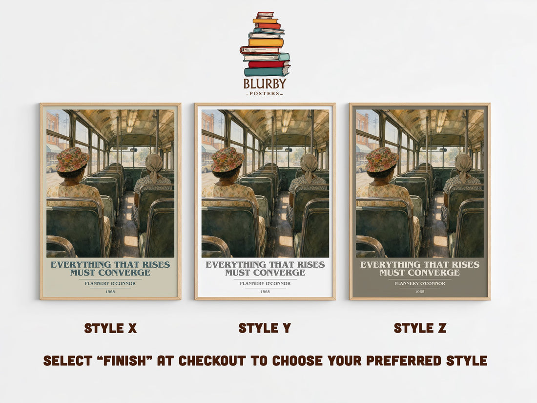 Everything That Rises Must Converge book cover print in frame leaning in hallway – literary fiction wall art (mockup)