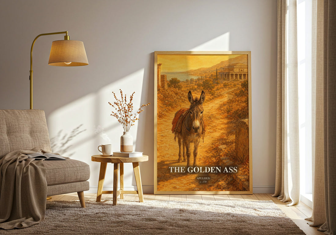 The Golden Ass watercolour print in frame leaning in hallway – classic literature wall art