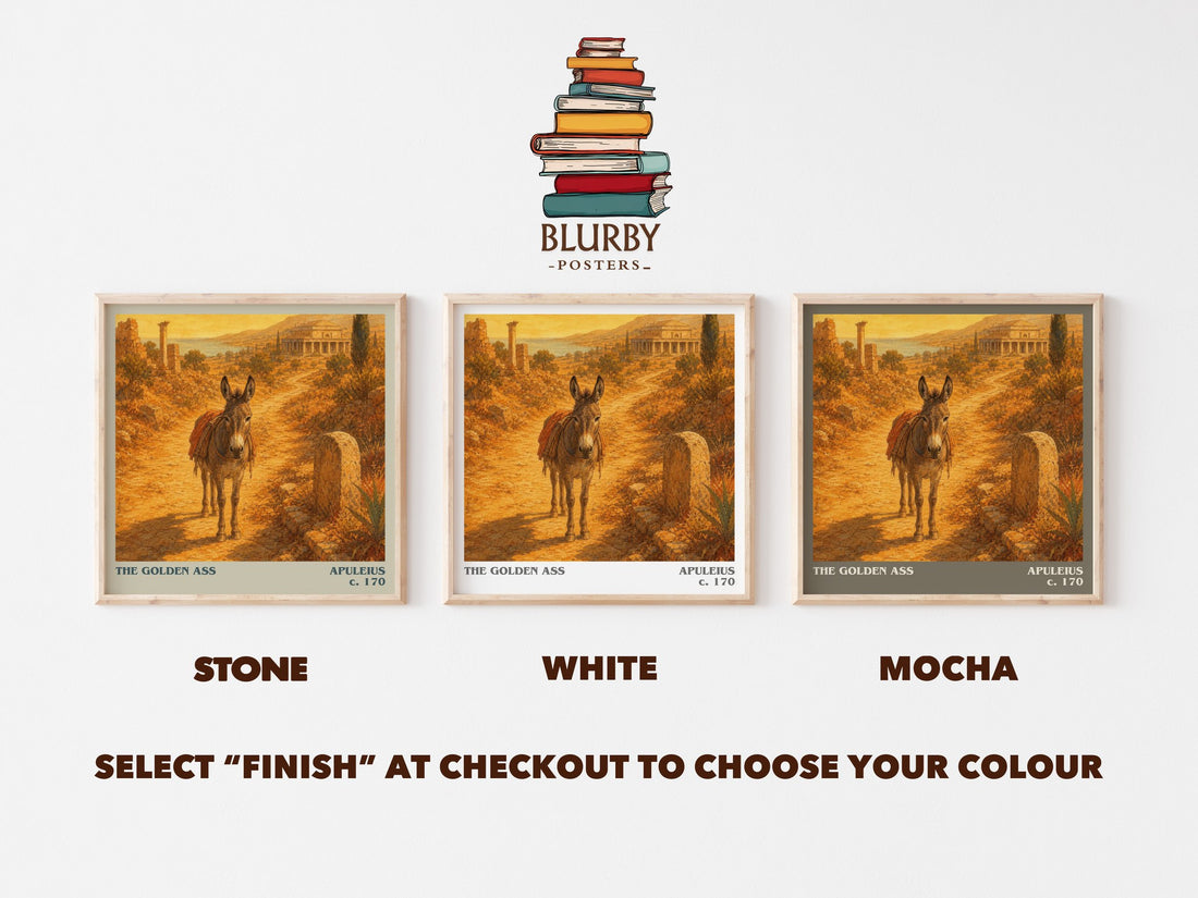 The Golden Ass literary print framed by window – Stone, White and Mocha square prints side by side – choose your colour