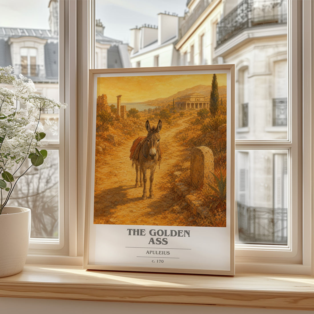 The Golden Ass book cover print in frame leaning in hallway – classic literature wall art