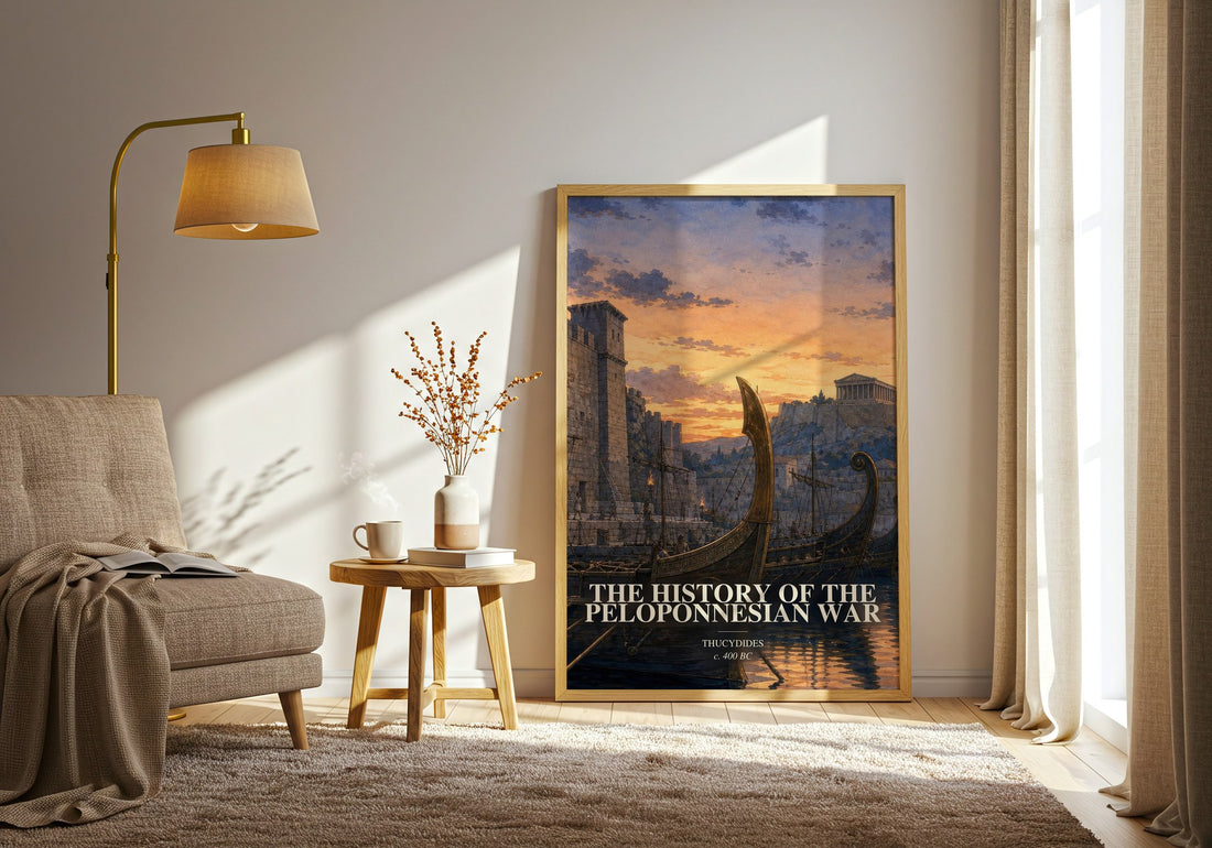 The History of the Peloponnesian War watercolour print in frame leaning in hallway – non fiction wall art