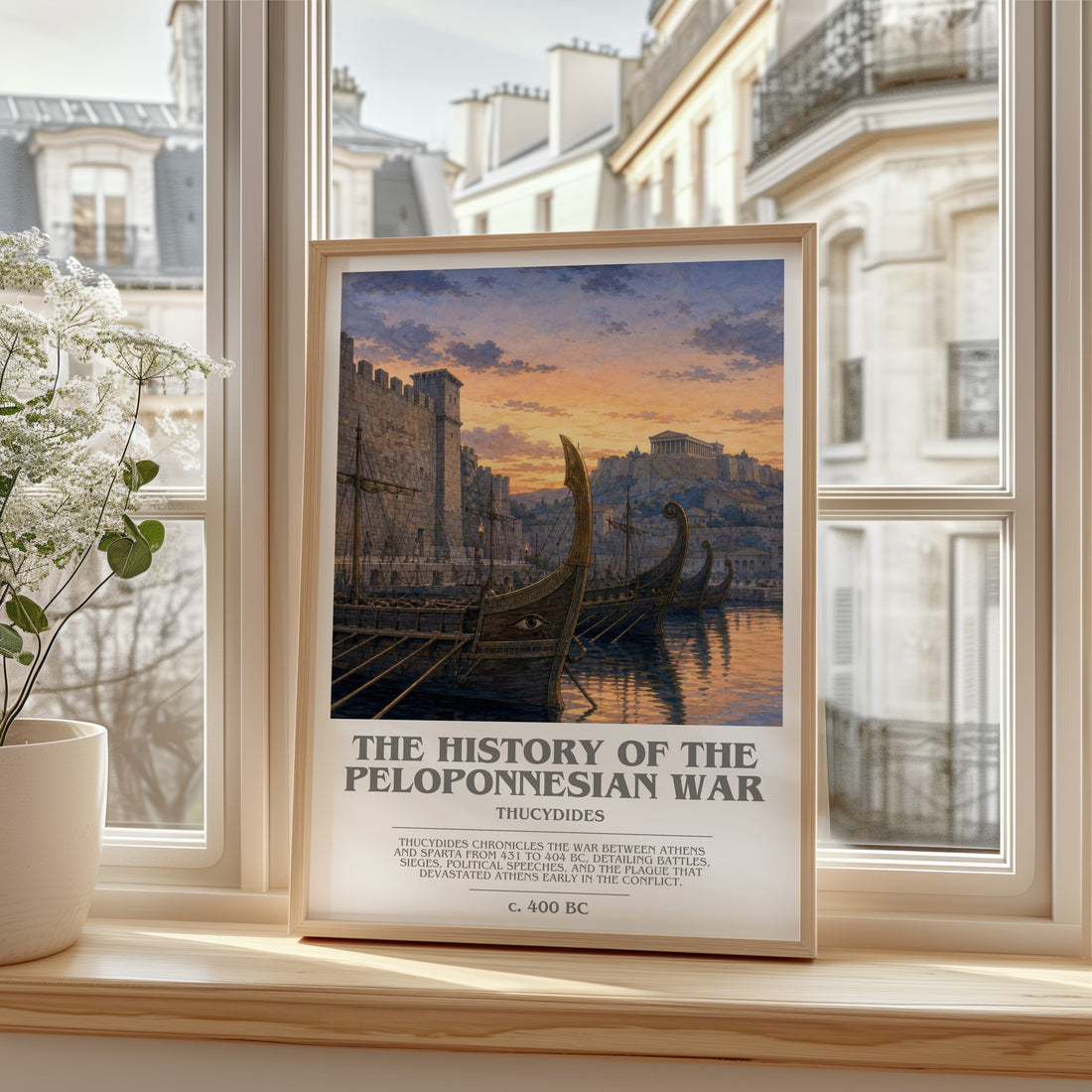 The History of the Peloponnesian War bookish print in frame leaning in hallway – non fiction wall art