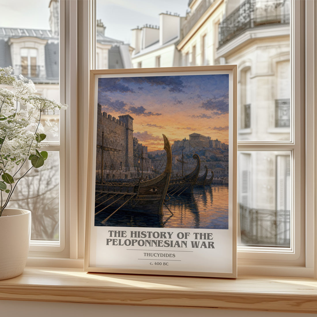 The History of the Peloponnesian War book cover print in frame leaning in hallway – non fiction wall art