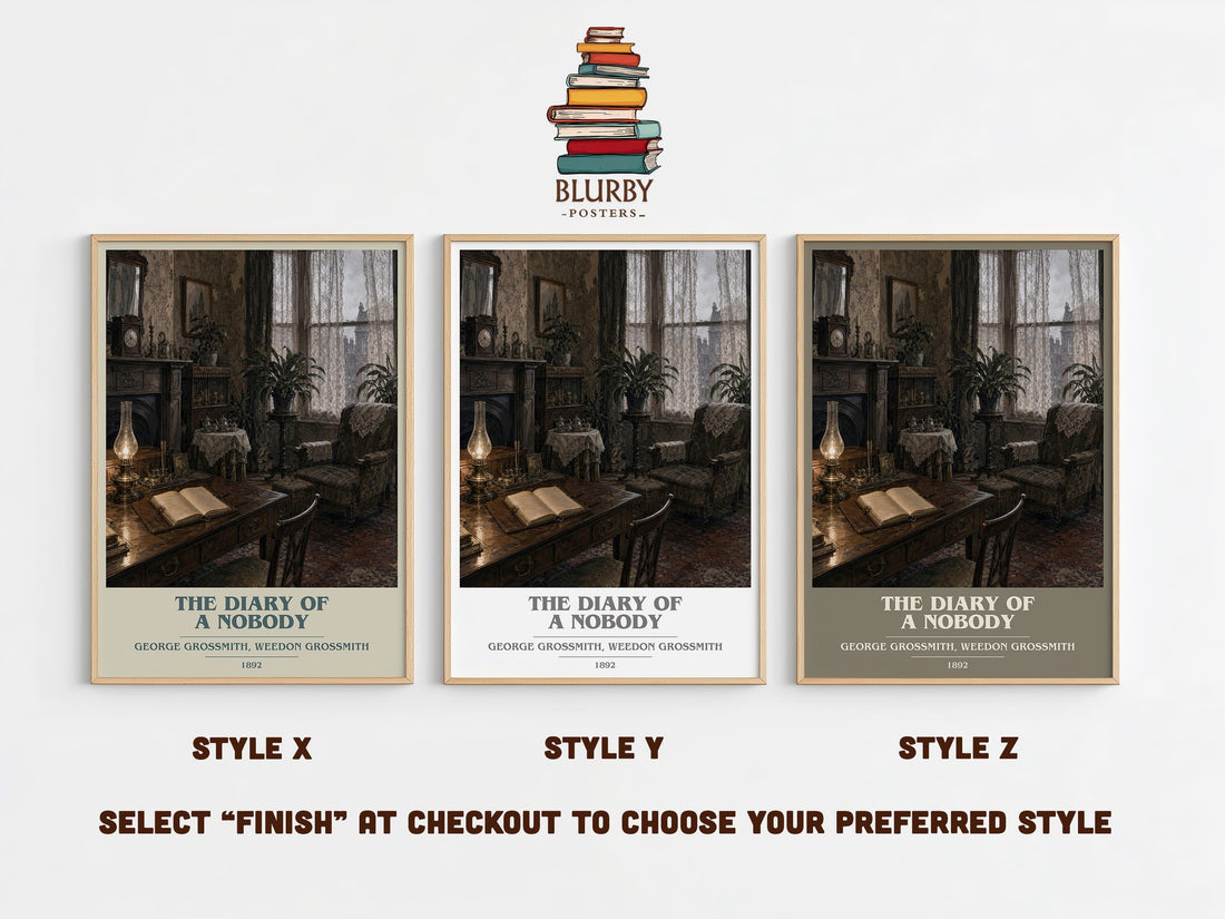 The Diary of a Nobody book cover print in frame leaning in hallway – satire wall art