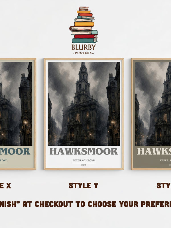 Hawksmoor book cover print in frame leaning in hallway – literary fiction wall art