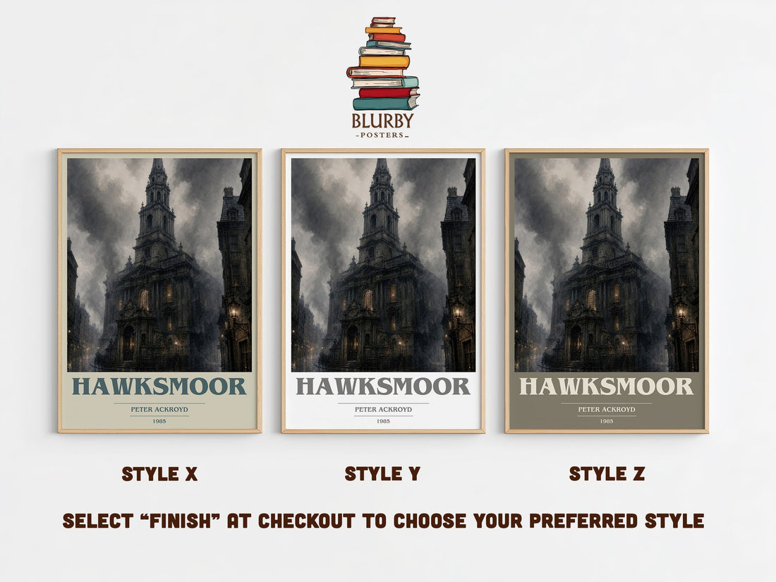 Hawksmoor book cover print in frame leaning in hallway – literary fiction wall art (mockup)