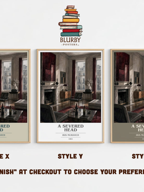 A Severed Head book cover print in frame leaning in hallway – literary fiction wall art