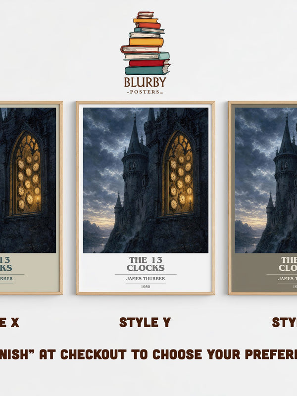 The 13 Clocks book cover print in frame leaning in hallway – fantasy wall art