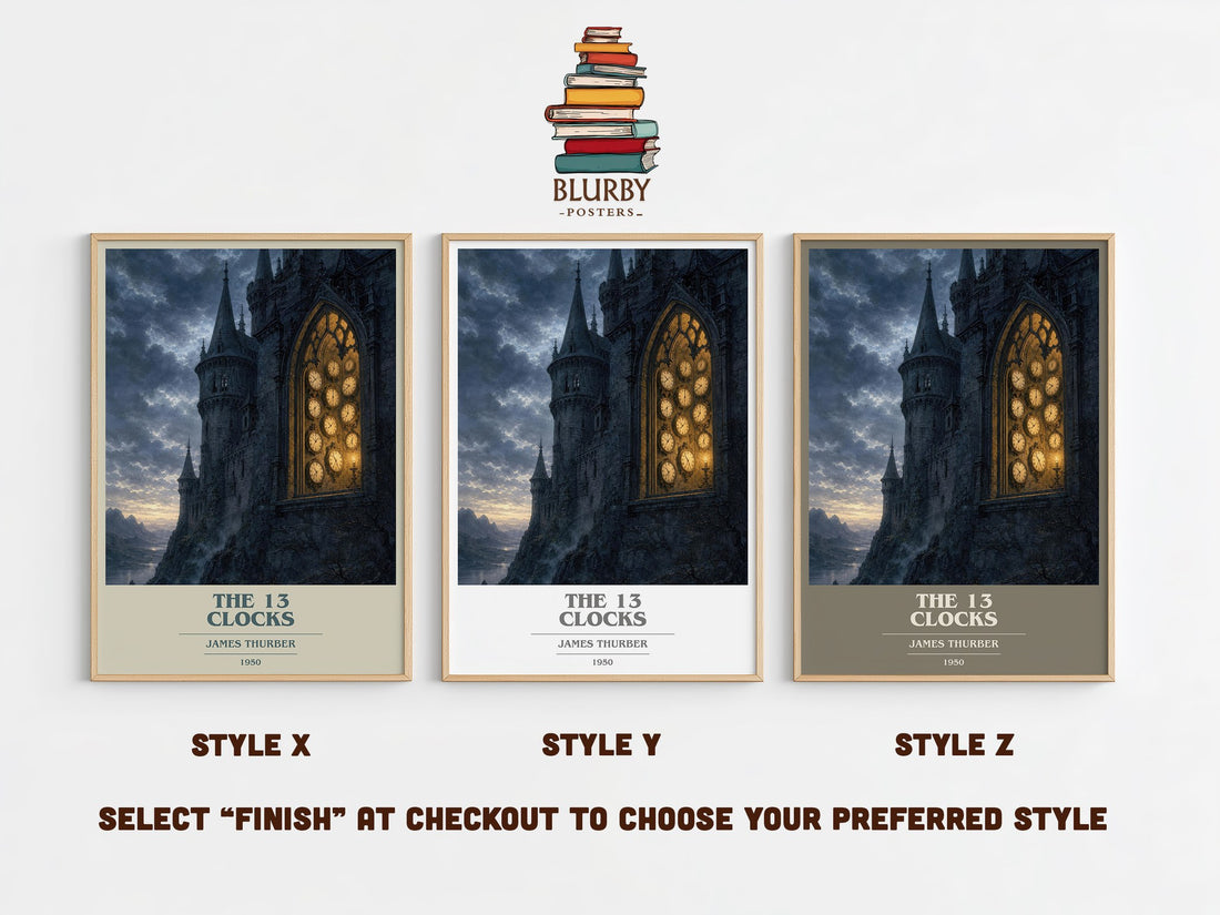 The 13 Clocks book cover print in frame leaning in hallway – fantasy wall art (mockup)
