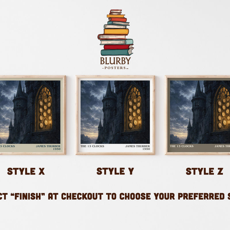 The 13 Clocks literary print in frame leaning in hallway – fantasy wall art