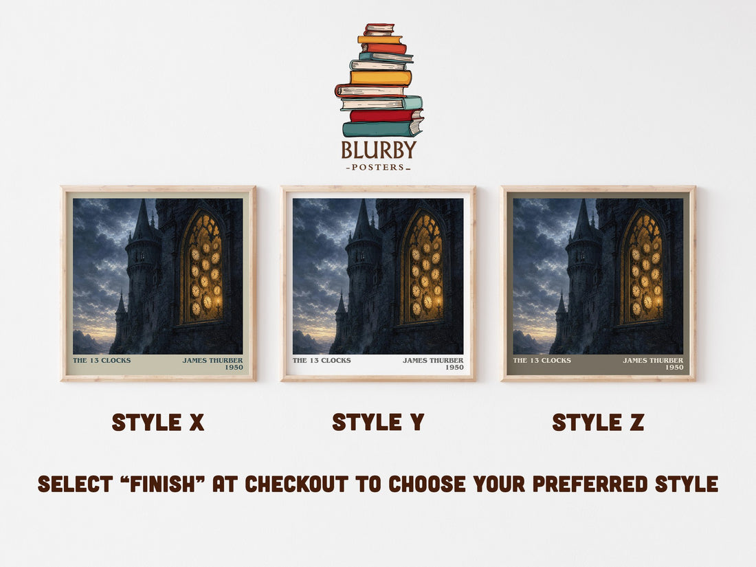 The 13 Clocks literary print in frame leaning in hallway – fantasy wall art (mockup)