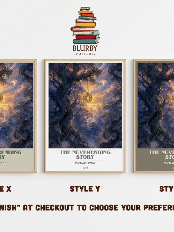 The Neverending Story book cover print in frame leaning in hallway – fantasy wall art