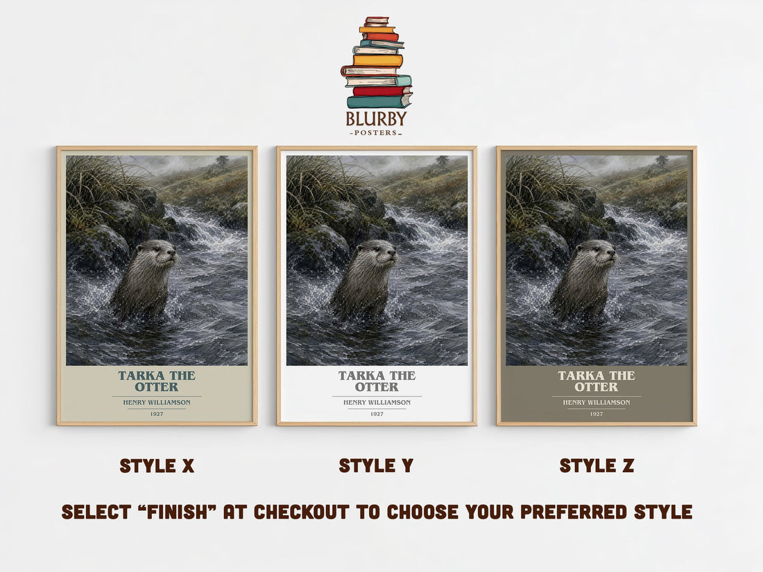 Tarka the Otter book cover print in frame leaning in hallway – literary fiction wall art (mockup)