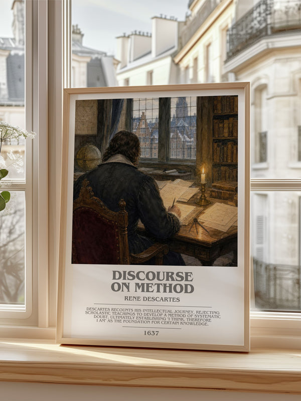 Discourse on Method Bookish Wall Art by Rene Descartes – framed print by a bright window