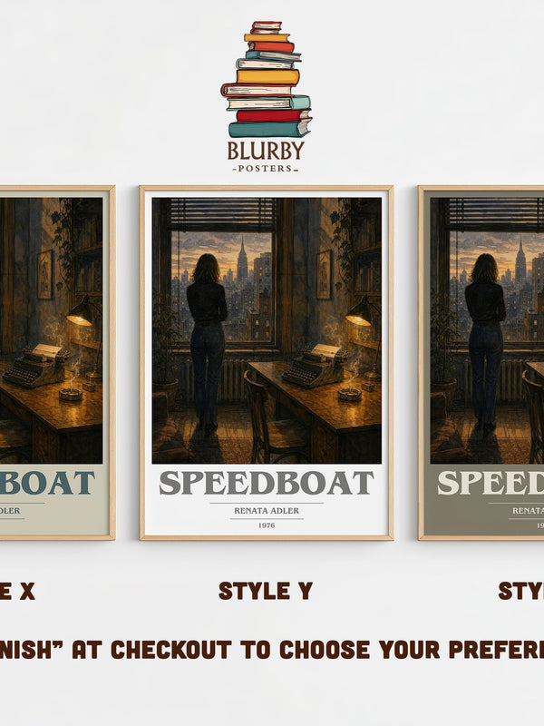 Speedboat book cover print in frame leaning in hallway – literary fiction wall art