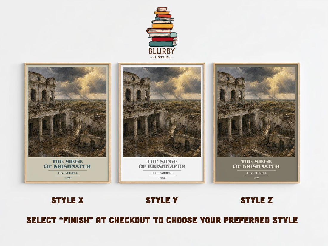 The Siege of Krishnapur book cover print in frame leaning in hallway – historical fiction wall art (mockup)