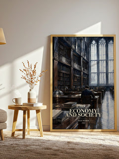 Economy and Society watercolour print in frame leaning in hallway – non fiction wall art