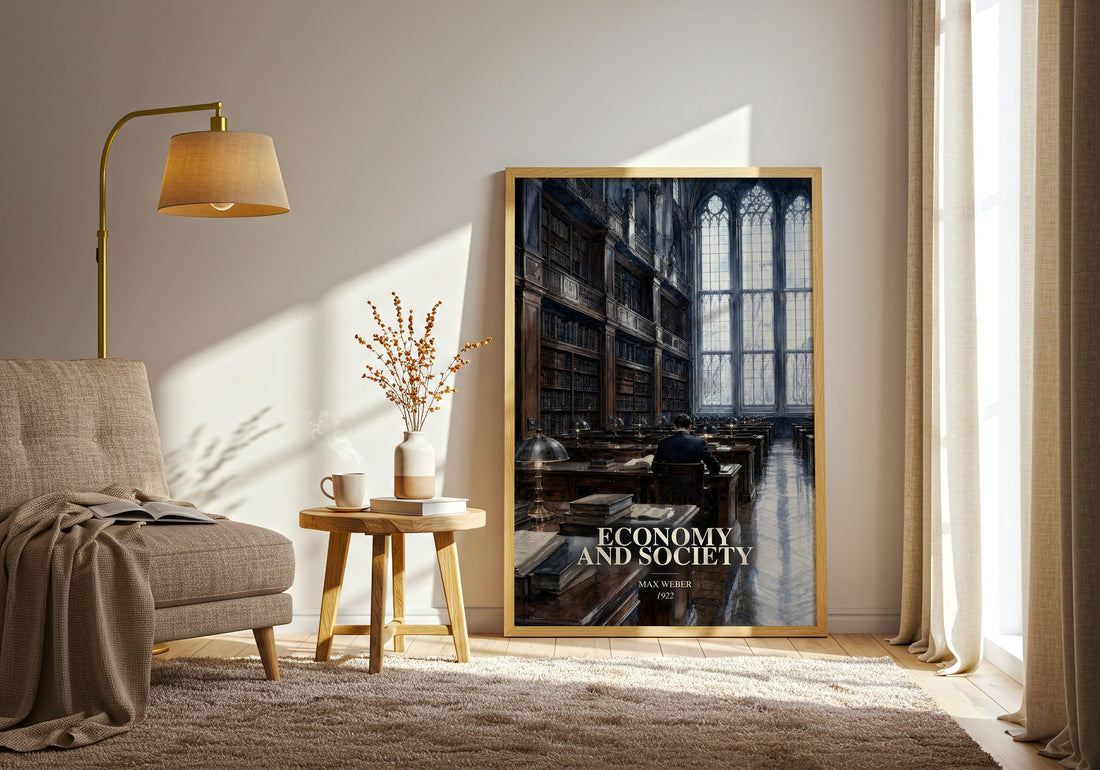 Economy and Society watercolour print in frame leaning in hallway – non fiction wall art