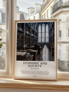 Economy and Society bookish print in frame leaning in hallway – non fiction wall art