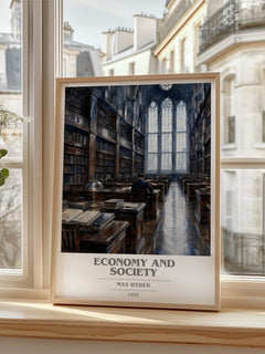 Economy and Society book cover print in frame leaning in hallway – non fiction wall art