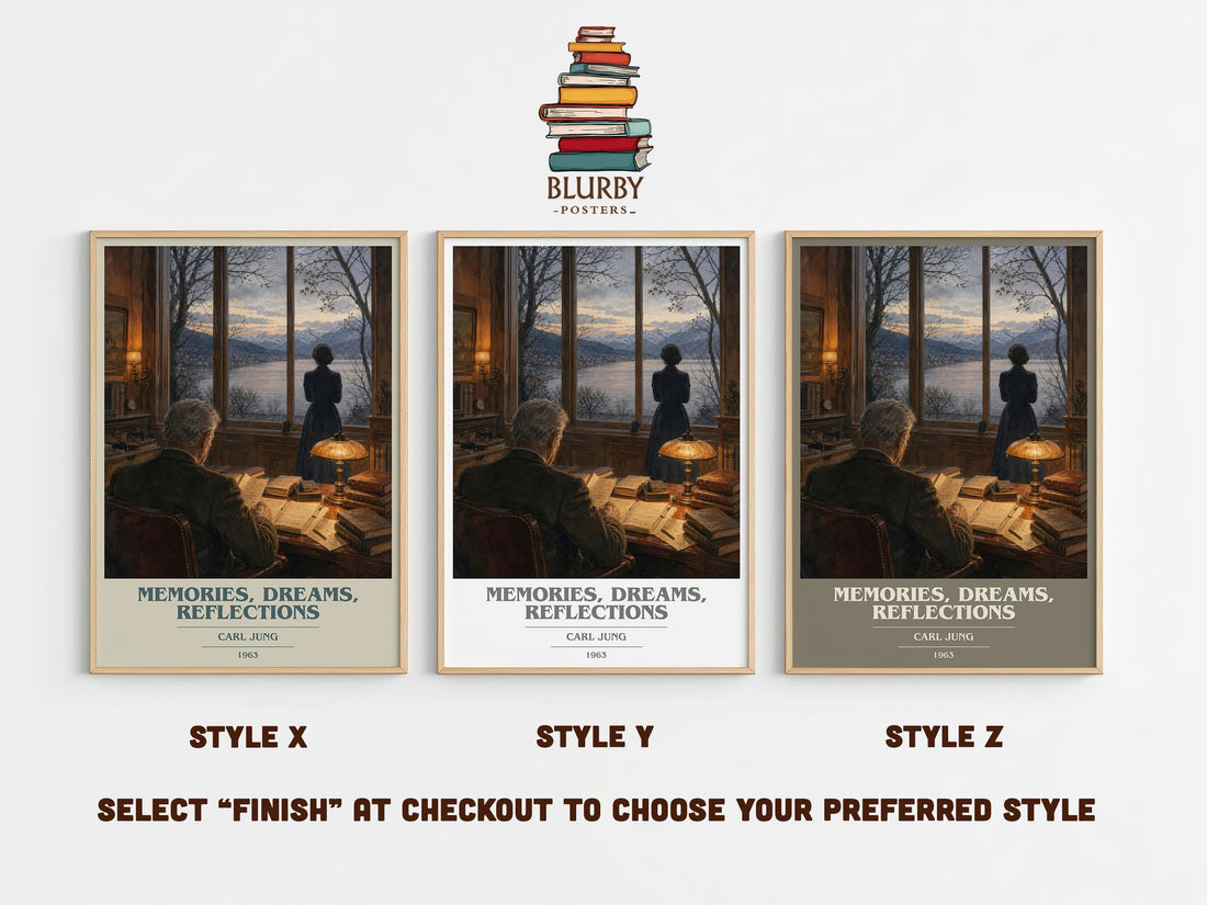 Memories, Dreams, Reflections book cover print in frame leaning in hallway – memoir wall art (mockup)