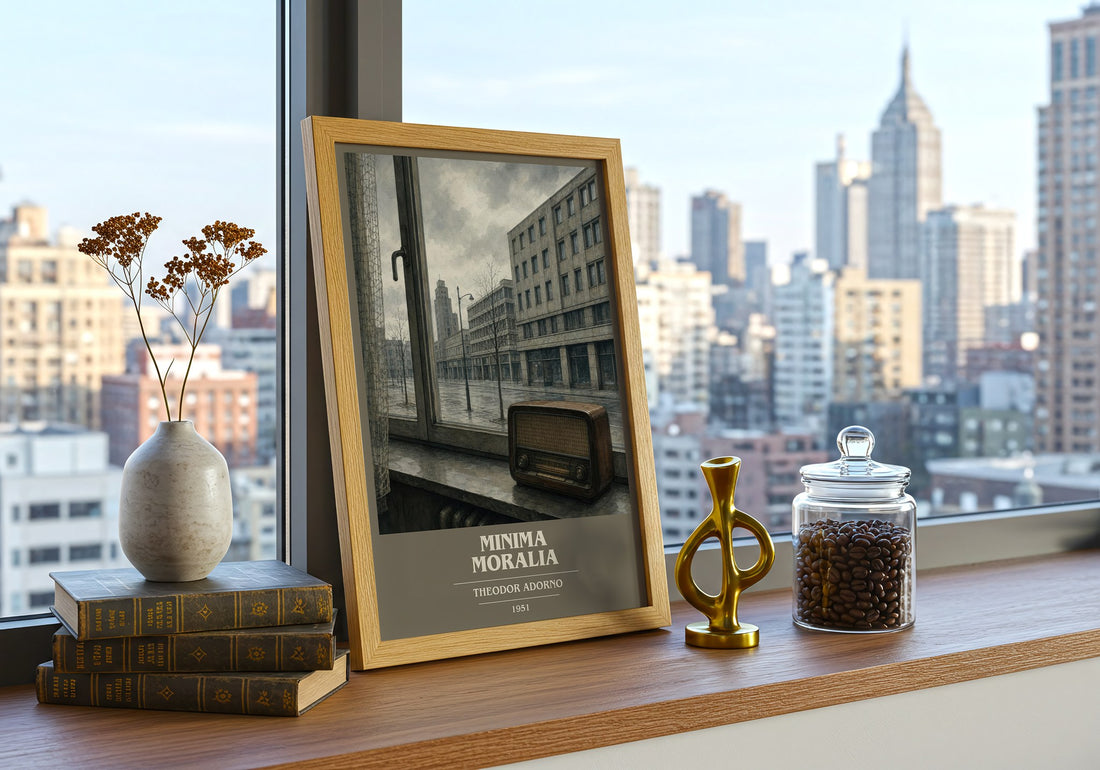 Minima Moralia book cover print framed by window – literary home decor