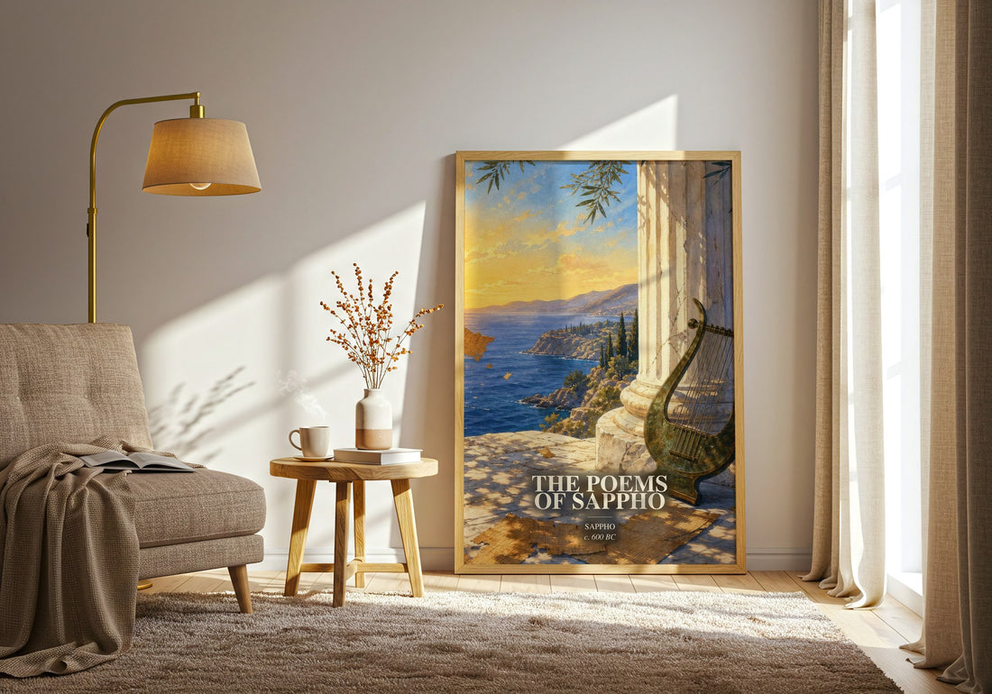 The Poems of Sappho watercolour print in frame leaning in hallway – poetry wall art