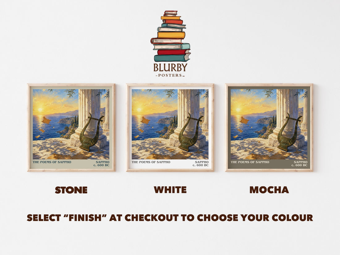 The Poems of Sappho literary print framed by window – Stone, White and Mocha square prints side by side – choose your colour