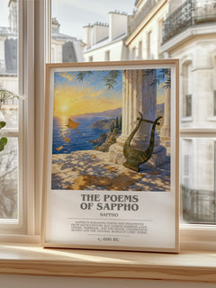 The Poems of Sappho bookish print in frame leaning in hallway – poetry wall art