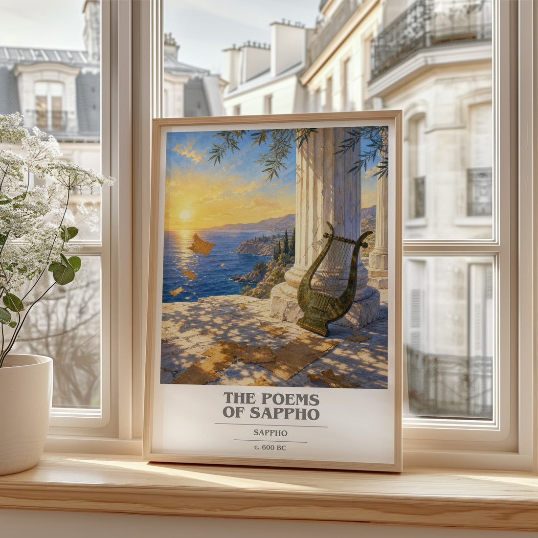 The Poems of Sappho book cover print in frame leaning in hallway – poetry wall art