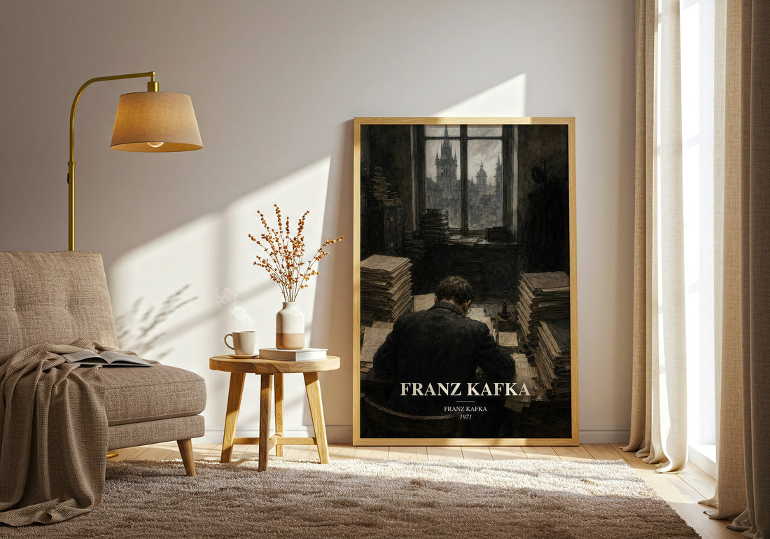 Franz Kafka watercolour print in frame leaning in hallway – literary fiction wall art