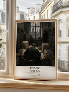 Franz Kafka book cover print in frame leaning in hallway – literary fiction wall art
