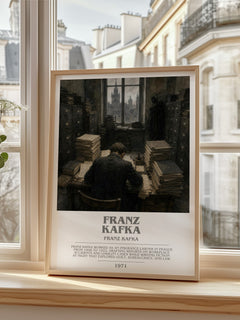 Franz Kafka bookish print in frame leaning in hallway – literary fiction wall art