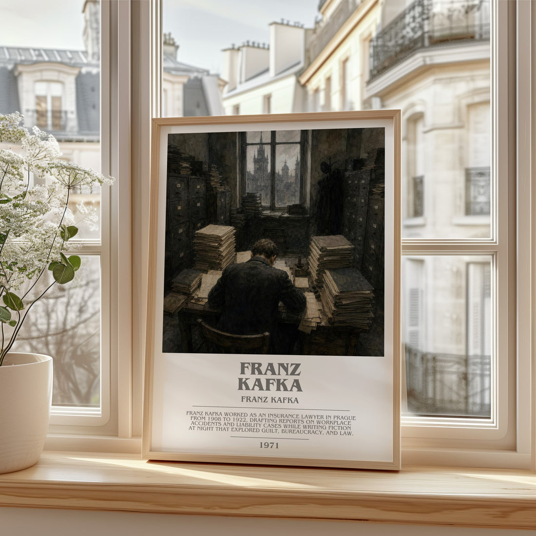 Franz Kafka bookish print in frame leaning in hallway – literary fiction wall art