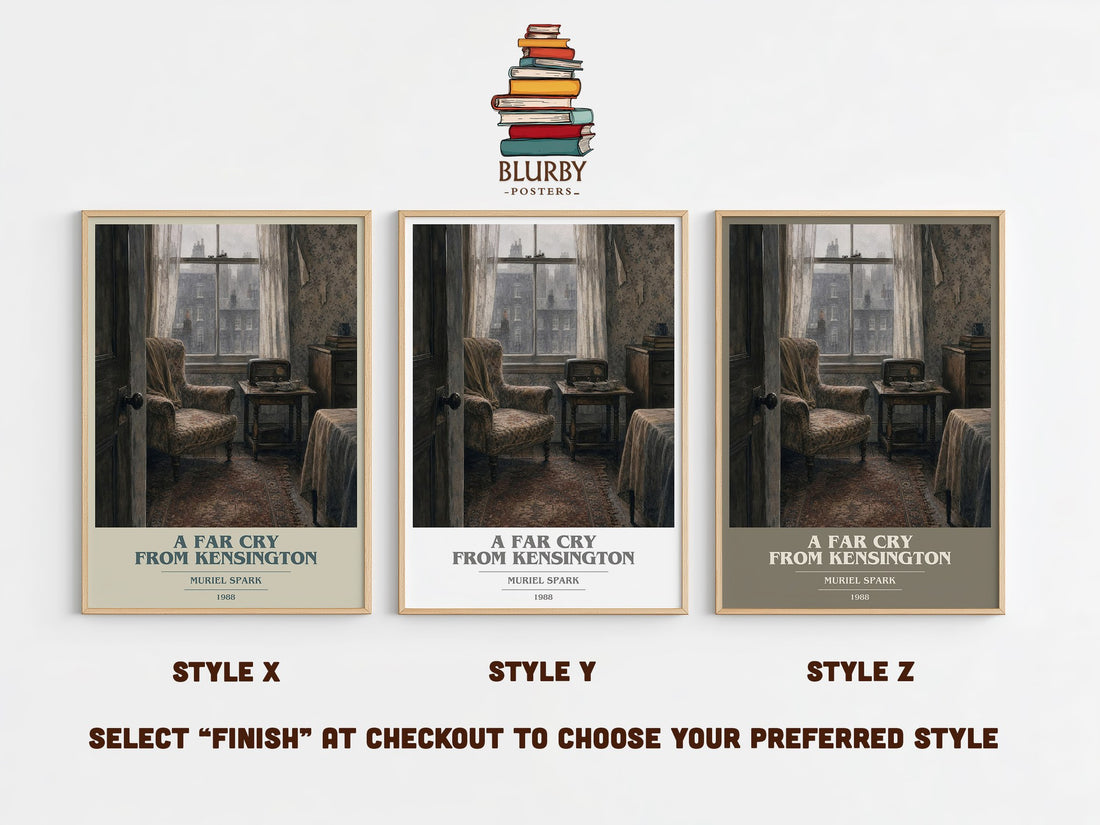 A Far Cry From Kensington book cover print in frame leaning in hallway – literary fiction wall art (mockup)