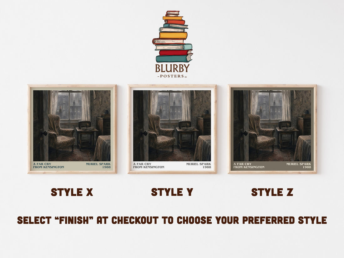 A Far Cry From Kensington literary print in frame leaning in hallway – literary fiction wall art (mockup)