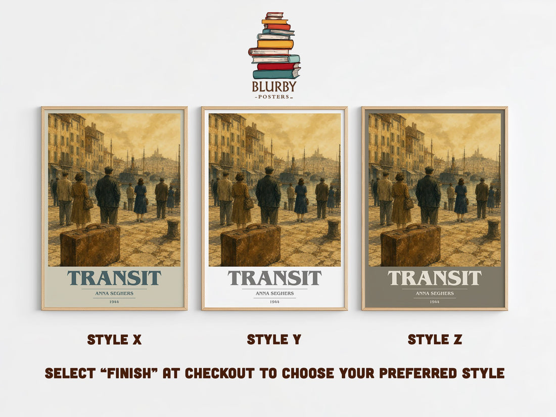 Transit book cover print in frame leaning in hallway – historical fiction wall art (mockup)