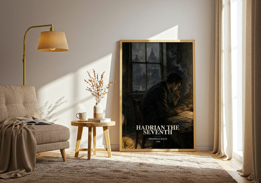 Hadrian the Seventh watercolour print in frame leaning in hallway – satire wall art