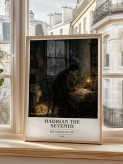 Hadrian the Seventh book cover print in frame leaning in hallway – satire wall art