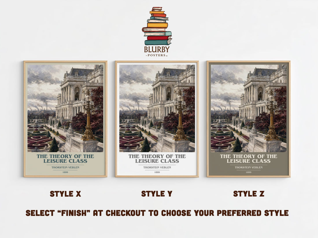 The Theory of the Leisure Class book cover print in frame leaning in hallway – non fiction wall art (mockup)