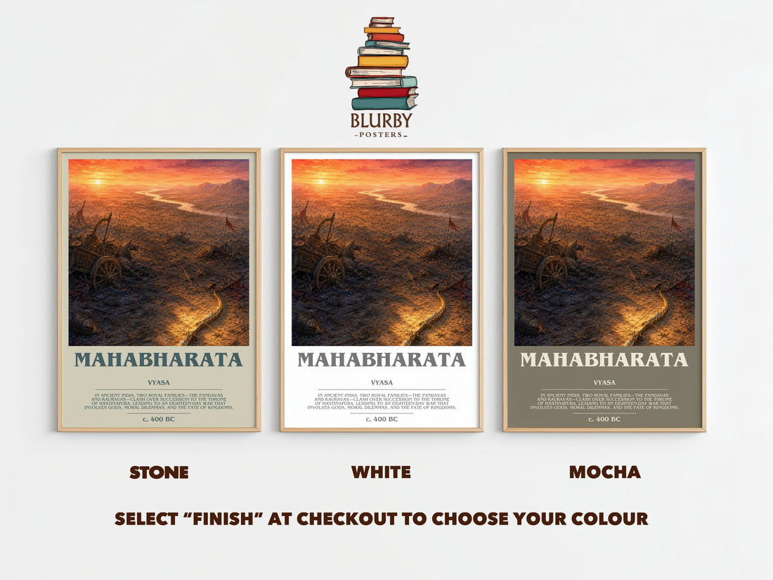 Mahabharata bookish print framed by window – Stone, White and Mocha side by side – choose your colour