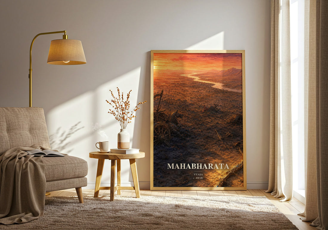 Mahabharata watercolour print in frame leaning in hallway – classic literature wall art