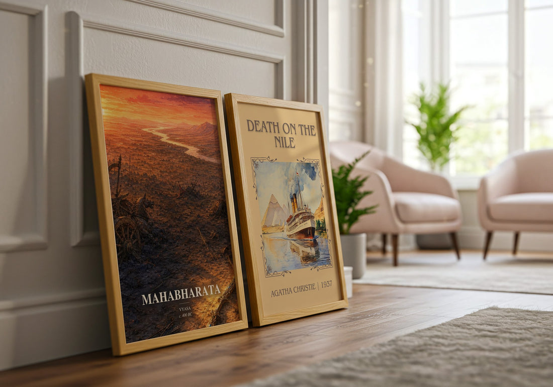 Mahabharata watercolour print framed by window – literary home decor