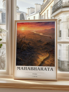 Mahabharata book cover print in frame leaning in hallway – classic literature wall art