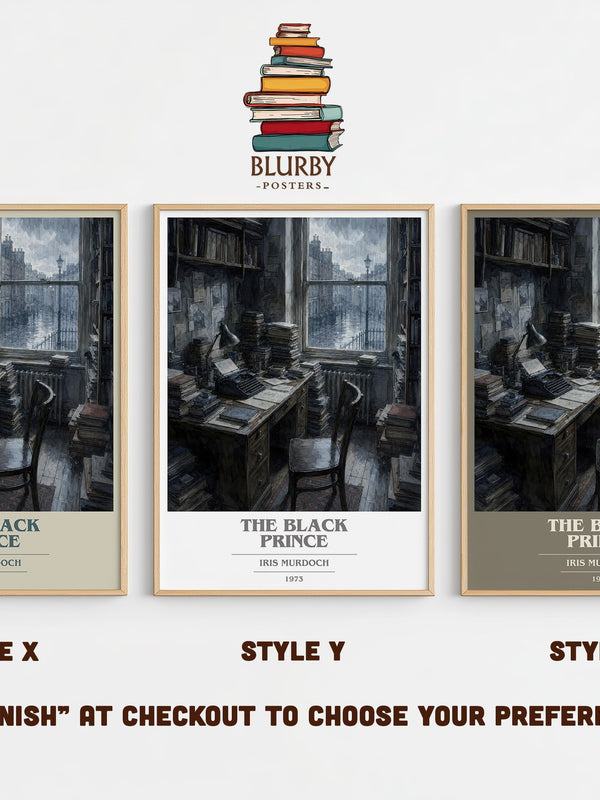 The Black Prince book cover print in frame leaning in hallway – literary fiction wall art