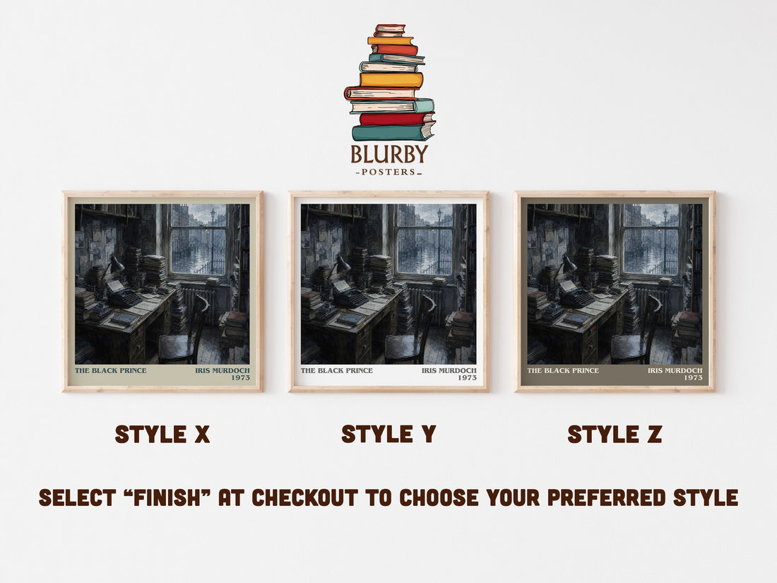 The Black Prince literary print in frame leaning in hallway – literary fiction wall art (mockup)